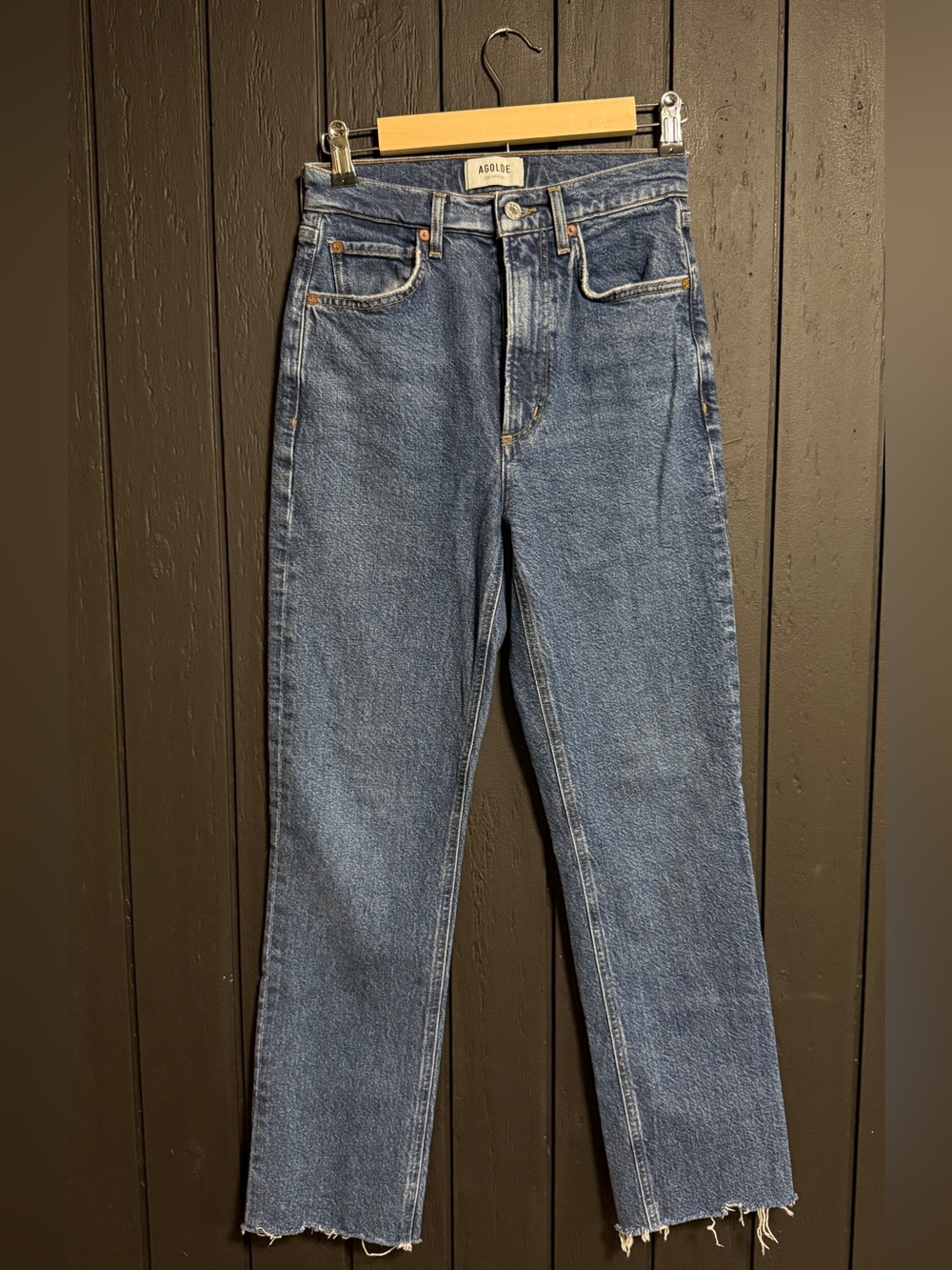 Agolde High-Rise Stovepipe Jeans in Medium Blue Raw Hem 25